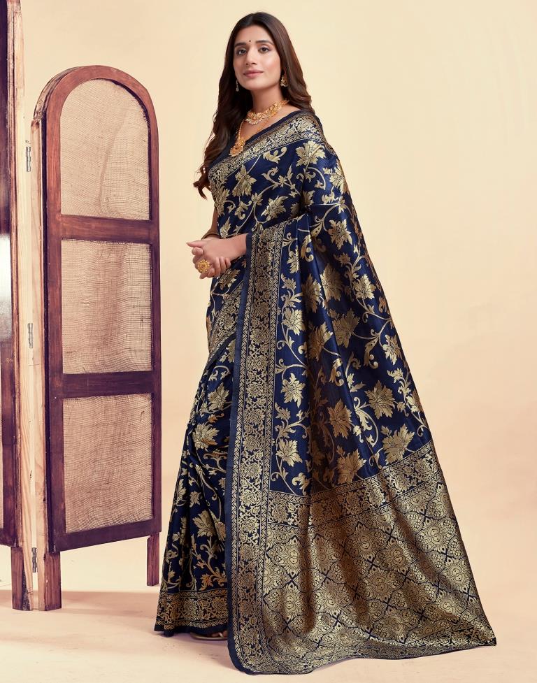 Navy Blue Jacquard Saree for Women with Golden Floral Zari Weaving | Premium Wedding, Festive & Party Wear Saree with Unstitched Blouse Piece