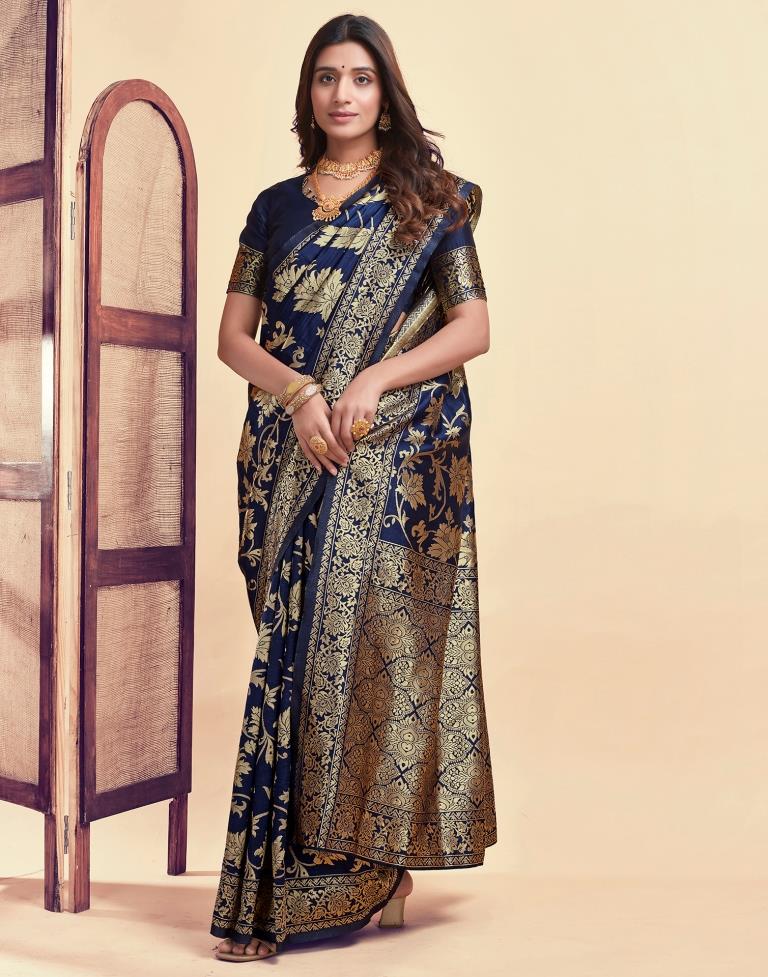 Navy Blue Jacquard Saree for Women with Golden Floral Zari Weaving | Premium Wedding, Festive & Party Wear Saree with Unstitched Blouse Piece