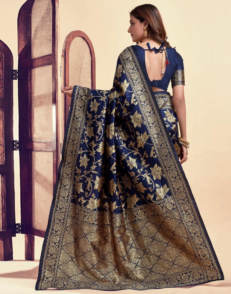 Navy Blue Jacquard Saree for Women with Golden Floral Zari Weaving | Premium Wedding, Festive & Party Wear Saree with Unstitched Blouse Piece