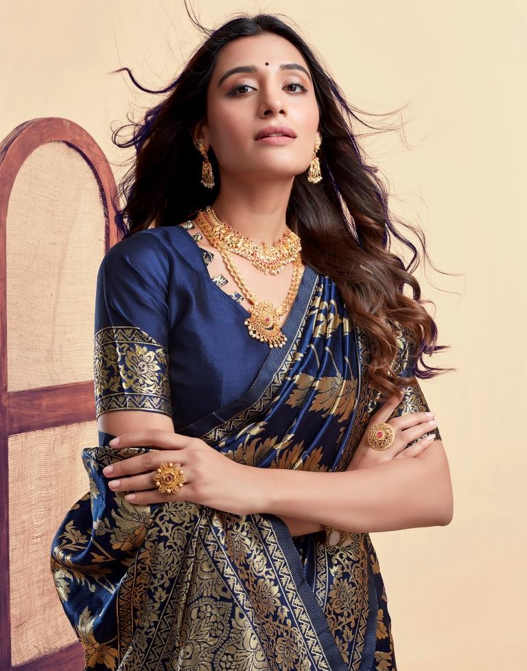 Navy Blue Jacquard Saree for Women with Golden Floral Zari Weaving | Premium Wedding, Festive & Party Wear Saree with Unstitched Blouse Piece