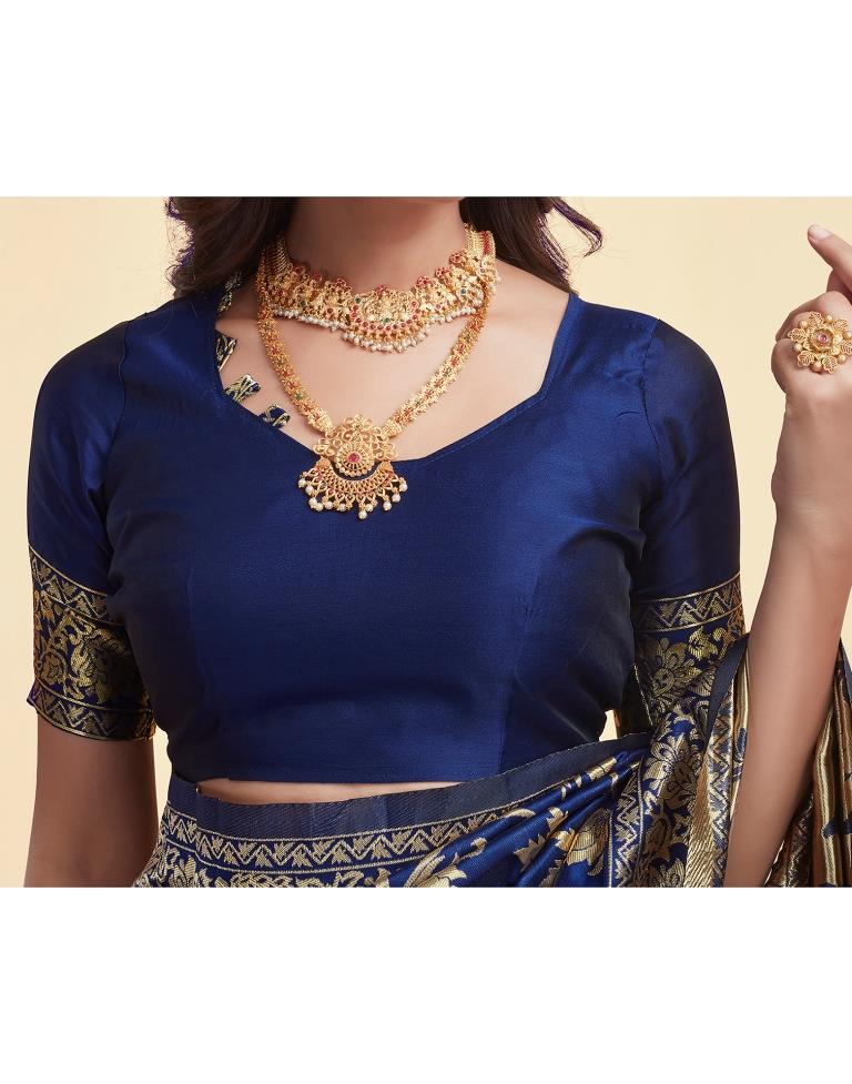 Navy Blue Jacquard Saree for Women with Golden Floral Zari Weaving | Premium Wedding, Festive & Party Wear Saree with Unstitched Blouse Piece