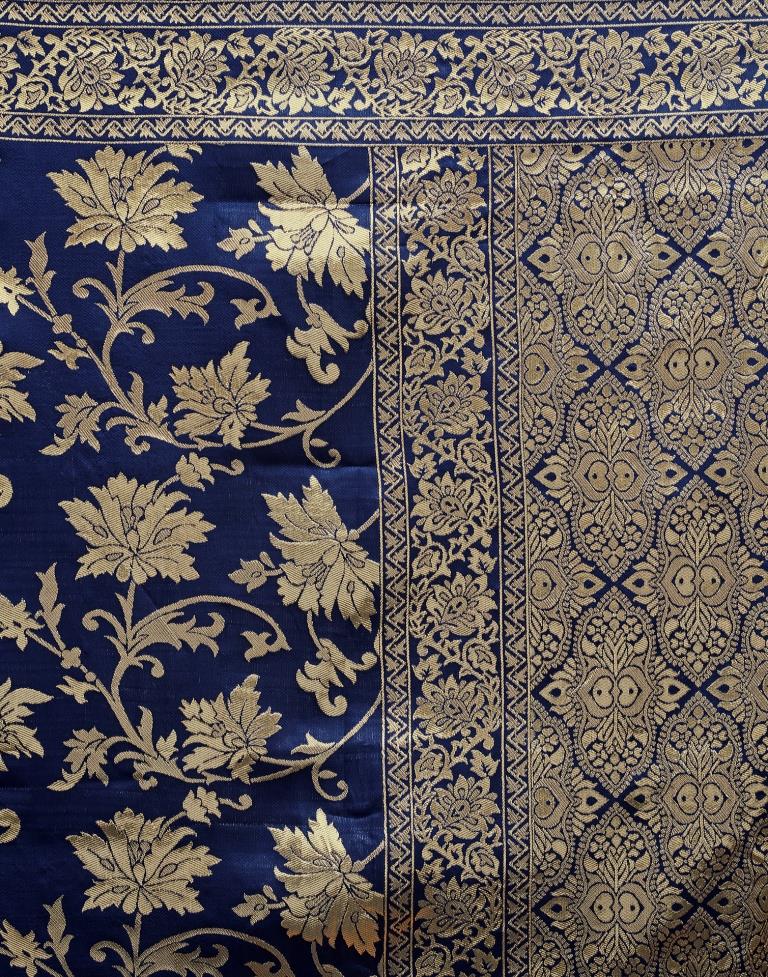 Navy Blue Jacquard Saree for Women with Golden Floral Zari Weaving | Premium Wedding, Festive & Party Wear Saree with Unstitched Blouse Piece