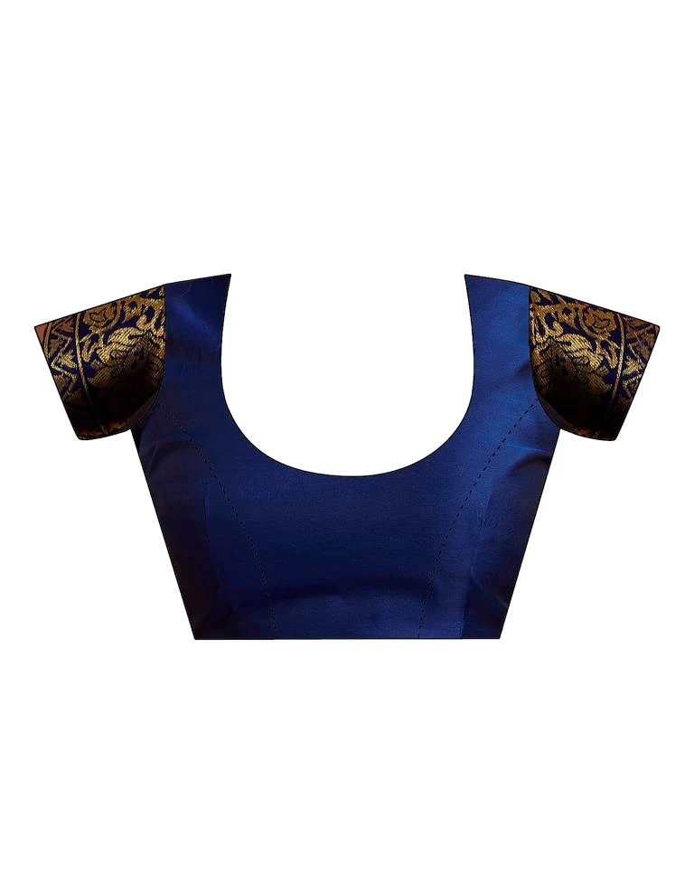 Navy Blue Jacquard Saree for Women with Golden Floral Zari Weaving | Premium Wedding, Festive & Party Wear Saree with Unstitched Blouse Piece