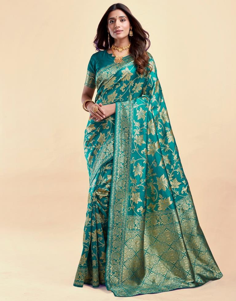 Rama Green Jacquard Saree for Women with Golden Floral Zari Weaving | Premium Wedding, Festive & Traditional Wear Saree with Unstitched Blouse Piece