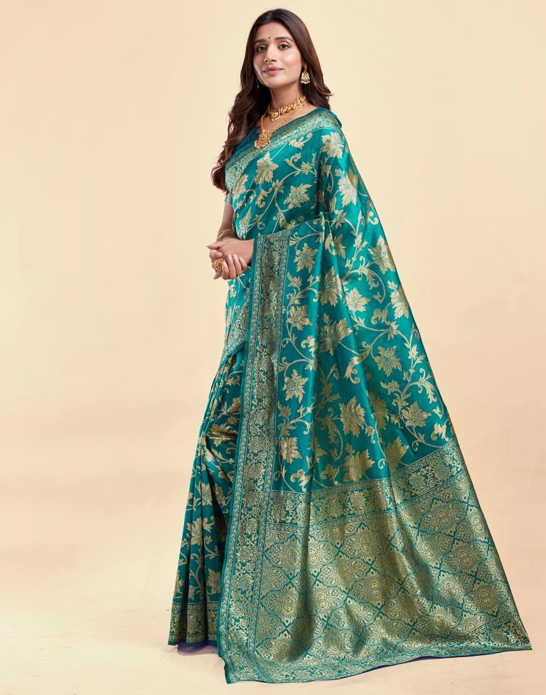Rama Green Jacquard Saree for Women with Golden Floral Zari Weaving | Premium Wedding, Festive & Traditional Wear Saree with Unstitched Blouse Piece