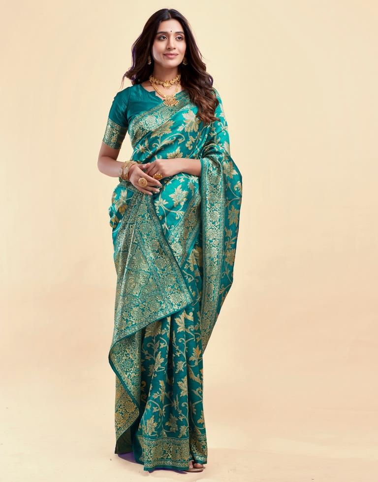Rama Green Jacquard Saree for Women with Golden Floral Zari Weaving | Premium Wedding, Festive & Traditional Wear Saree with Unstitched Blouse Piece
