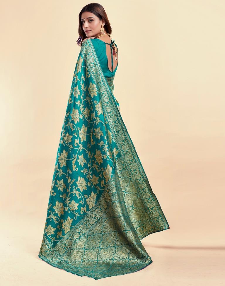Rama Green Jacquard Saree for Women with Golden Floral Zari Weaving | Premium Wedding, Festive & Traditional Wear Saree with Unstitched Blouse Piece