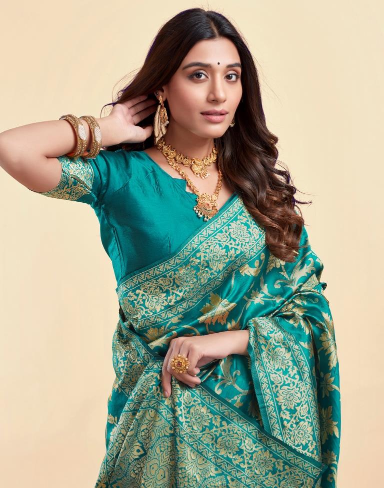 Rama Green Jacquard Saree for Women with Golden Floral Zari Weaving | Premium Wedding, Festive & Traditional Wear Saree with Unstitched Blouse Piece
