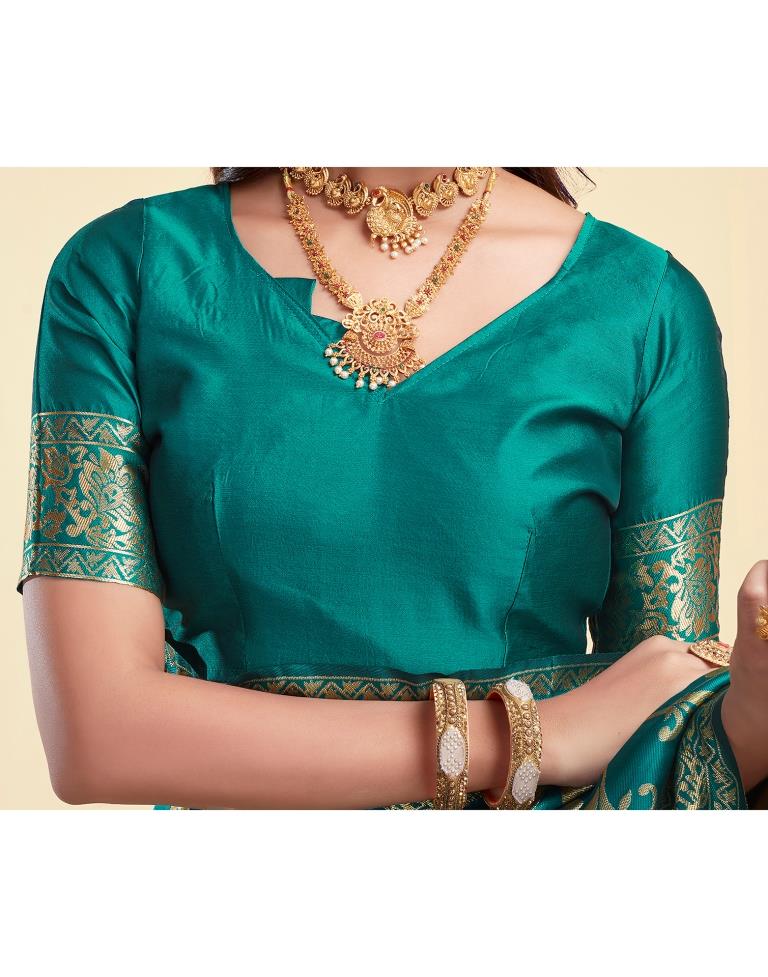 Rama Green Jacquard Saree for Women with Golden Floral Zari Weaving | Premium Wedding, Festive & Traditional Wear Saree with Unstitched Blouse Piece
