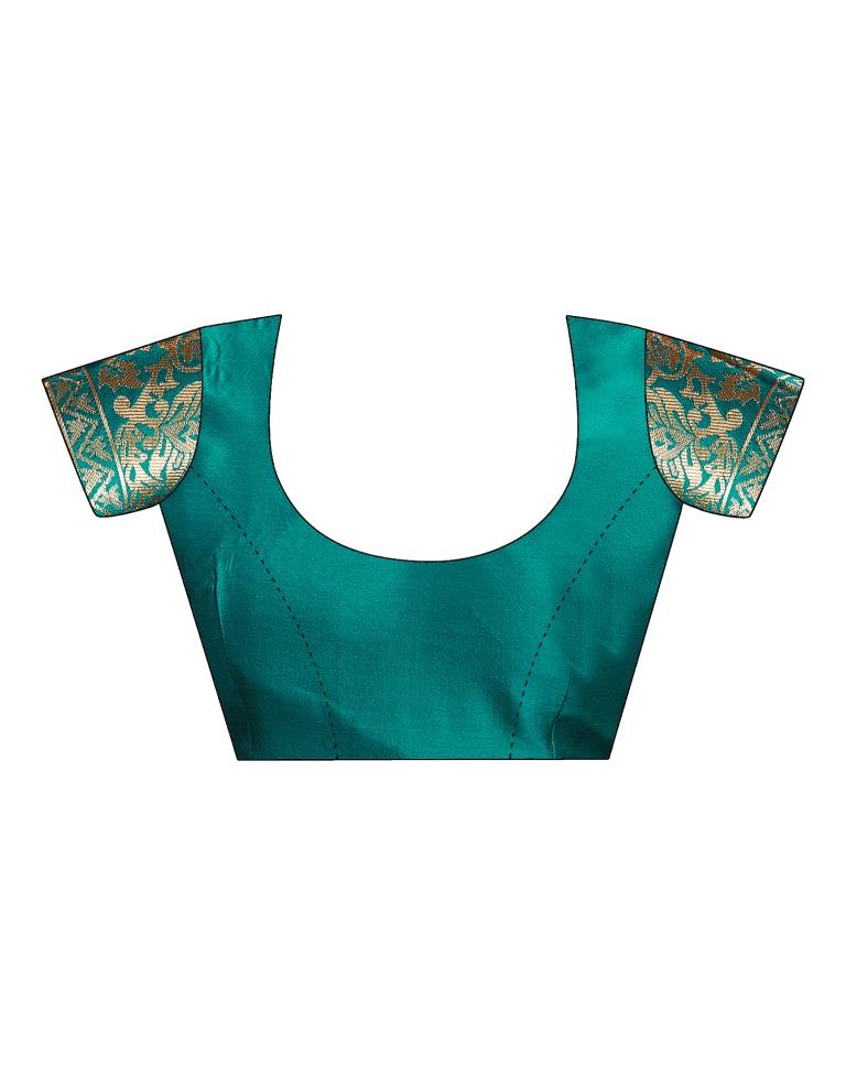 Rama Green Jacquard Saree for Women with Golden Floral Zari Weaving | Premium Wedding, Festive & Traditional Wear Saree with Unstitched Blouse Piece