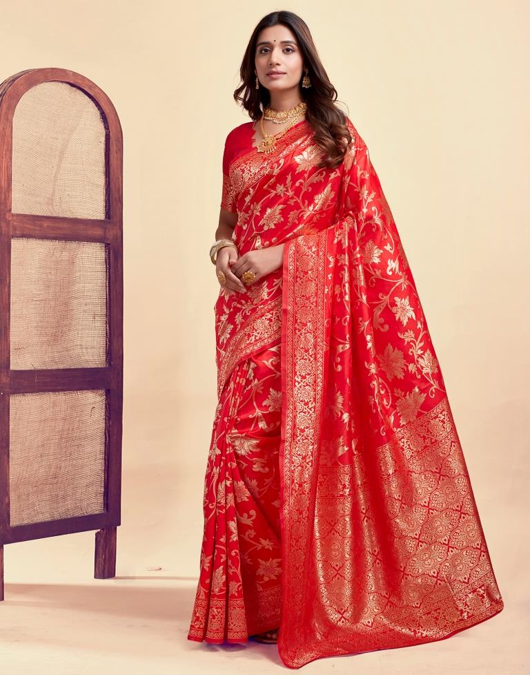 Red Jacquard Saree for Women with Golden Floral Zari Weaving | Premium Wedding, Festive & Party Wear Saree with Unstitched Blouse Piece