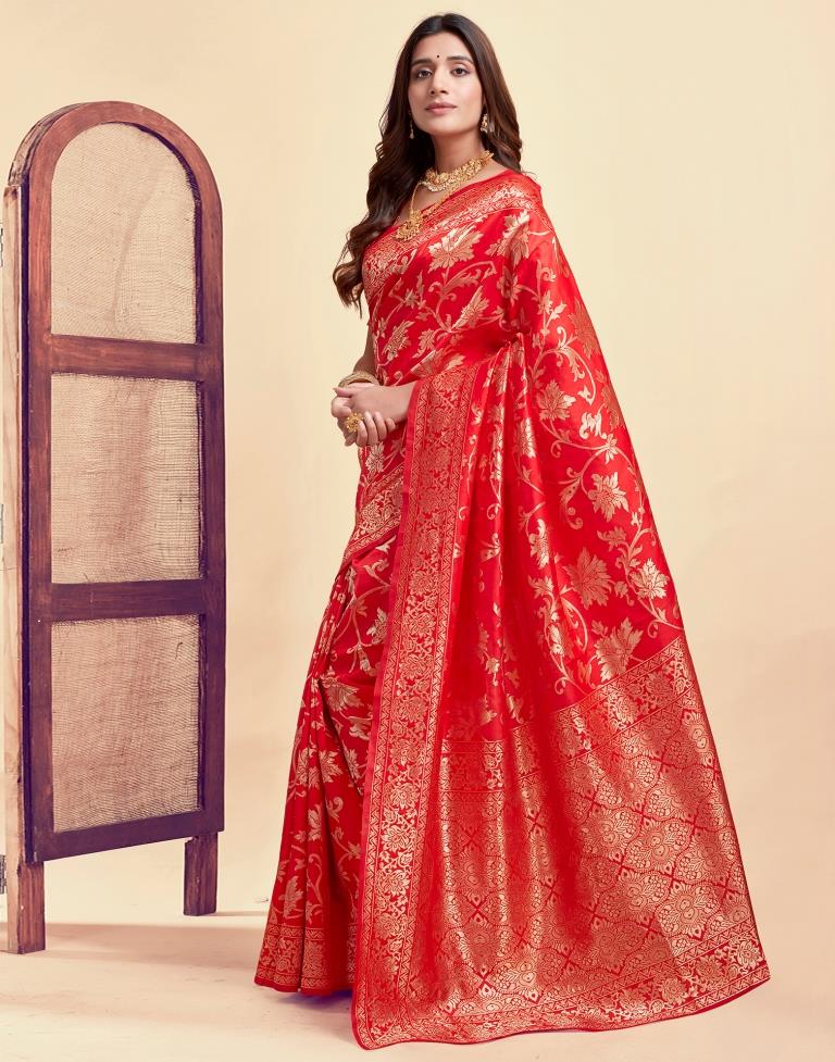 Red Jacquard Saree for Women with Golden Floral Zari Weaving | Premium Wedding, Festive & Party Wear Saree with Unstitched Blouse Piece