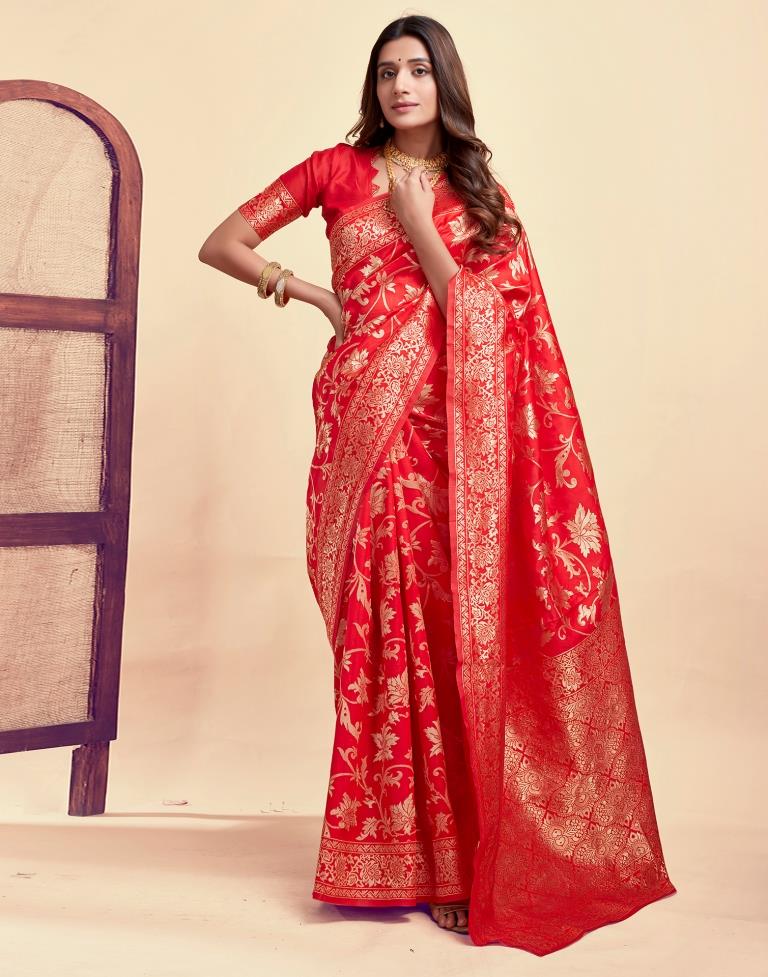 Red Jacquard Saree for Women with Golden Floral Zari Weaving | Premium Wedding, Festive & Party Wear Saree with Unstitched Blouse Piece