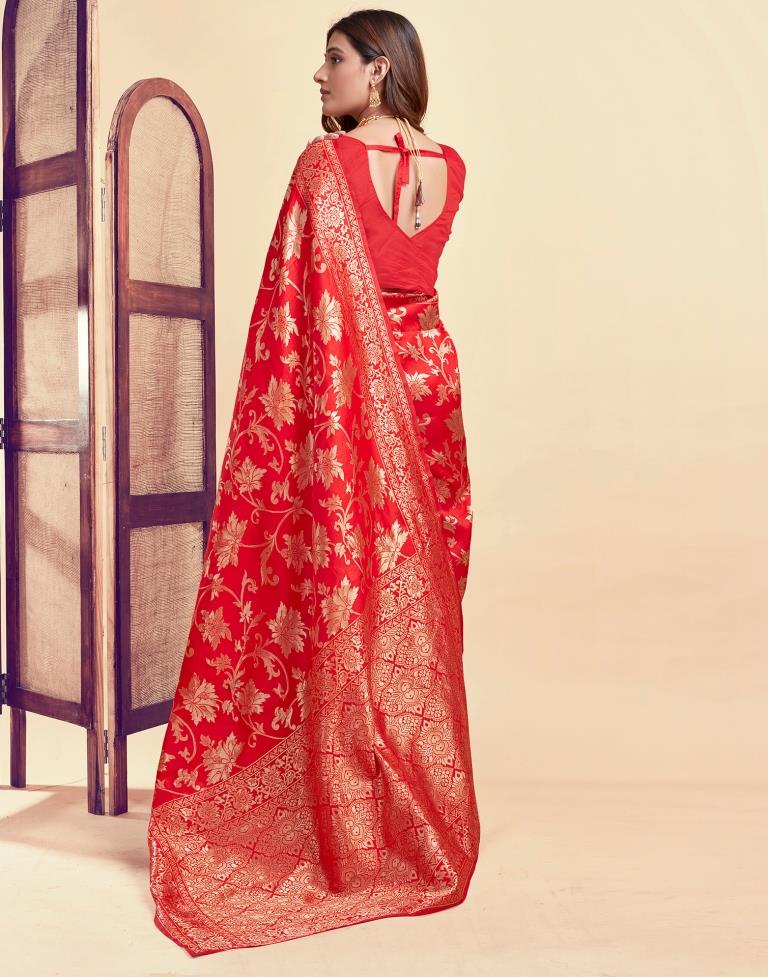 Red Jacquard Saree for Women with Golden Floral Zari Weaving | Premium Wedding, Festive & Party Wear Saree with Unstitched Blouse Piece