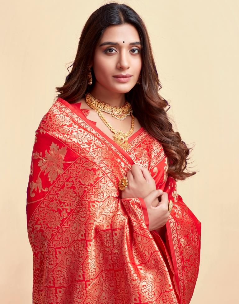 Red Jacquard Saree for Women with Golden Floral Zari Weaving | Premium Wedding, Festive & Party Wear Saree with Unstitched Blouse Piece