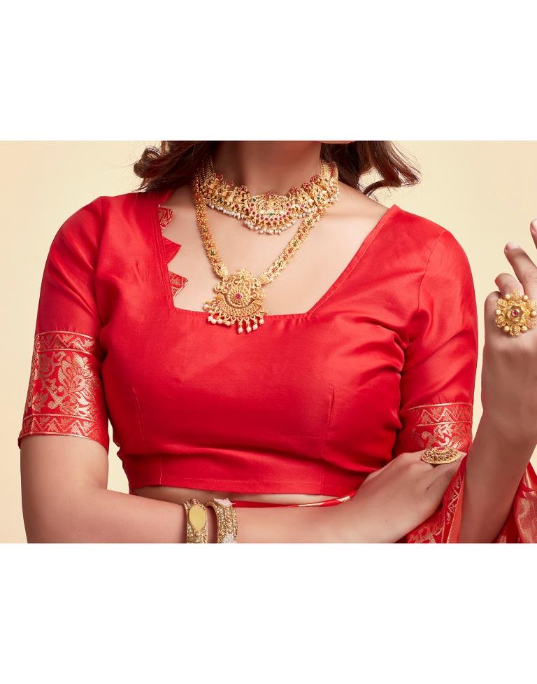 Red Jacquard Saree for Women with Golden Floral Zari Weaving | Premium Wedding, Festive & Party Wear Saree with Unstitched Blouse Piece