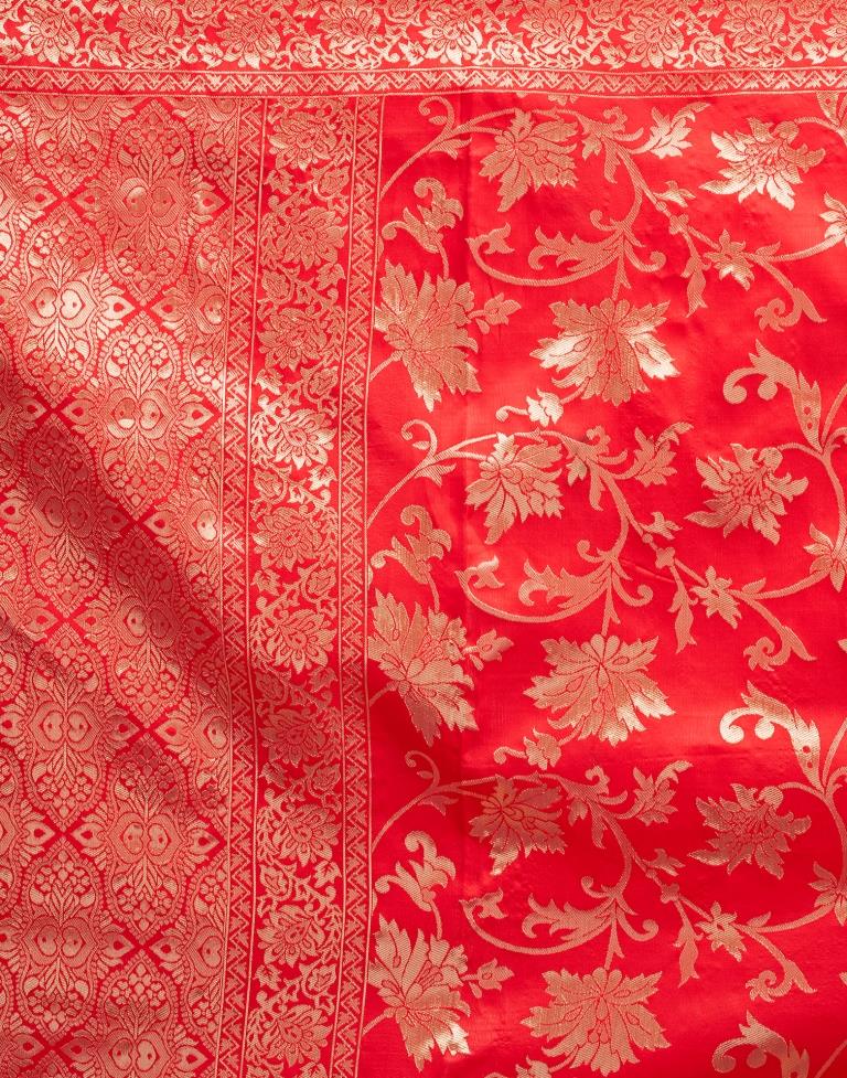 Red Jacquard Saree for Women with Golden Floral Zari Weaving | Premium Wedding, Festive & Party Wear Saree with Unstitched Blouse Piece