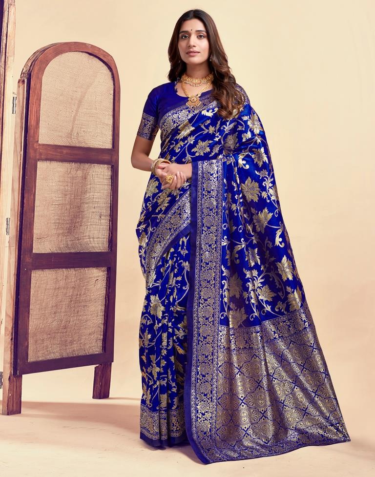 Royal Blue Jacquard Saree for Women with Golden Floral Zari Weaving | Premium Wedding, Festive & Party Wear Saree with Unstitched Blouse Piece