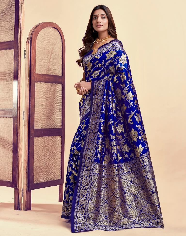 Royal Blue Jacquard Saree for Women with Golden Floral Zari Weaving | Premium Wedding, Festive & Party Wear Saree with Unstitched Blouse Piece
