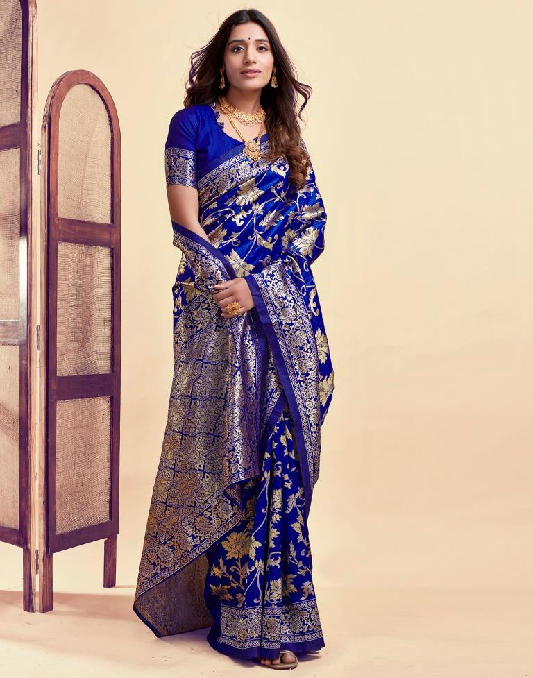 Royal Blue Jacquard Saree for Women with Golden Floral Zari Weaving | Premium Wedding, Festive & Party Wear Saree with Unstitched Blouse Piece