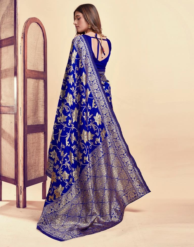 Royal Blue Jacquard Saree for Women with Golden Floral Zari Weaving | Premium Wedding, Festive & Party Wear Saree with Unstitched Blouse Piece