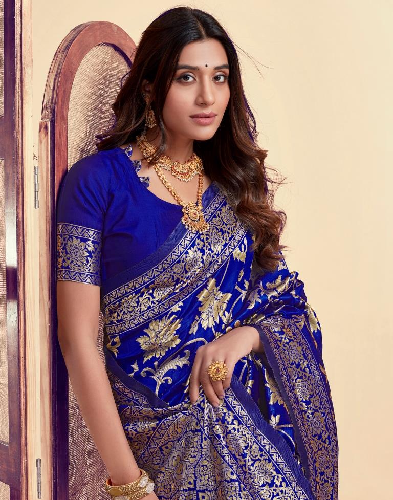 Royal Blue Jacquard Saree for Women with Golden Floral Zari Weaving | Premium Wedding, Festive & Party Wear Saree with Unstitched Blouse Piece
