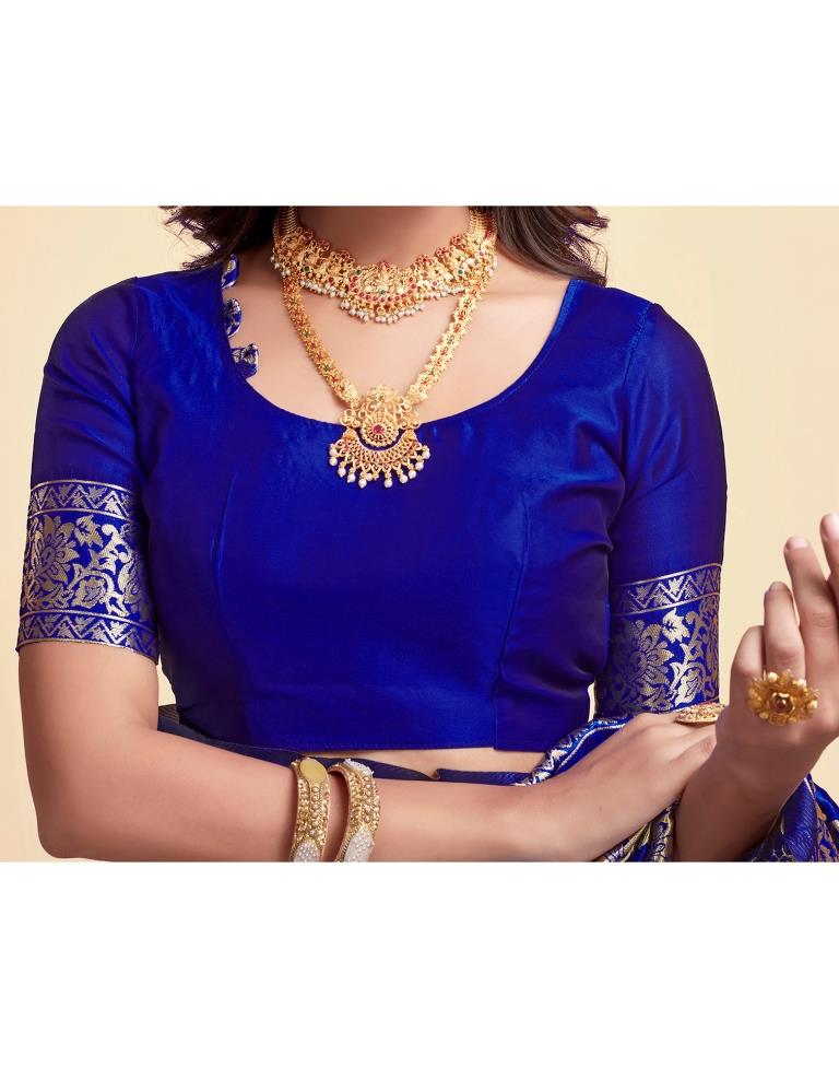 Royal Blue Jacquard Saree for Women with Golden Floral Zari Weaving | Premium Wedding, Festive & Party Wear Saree with Unstitched Blouse Piece