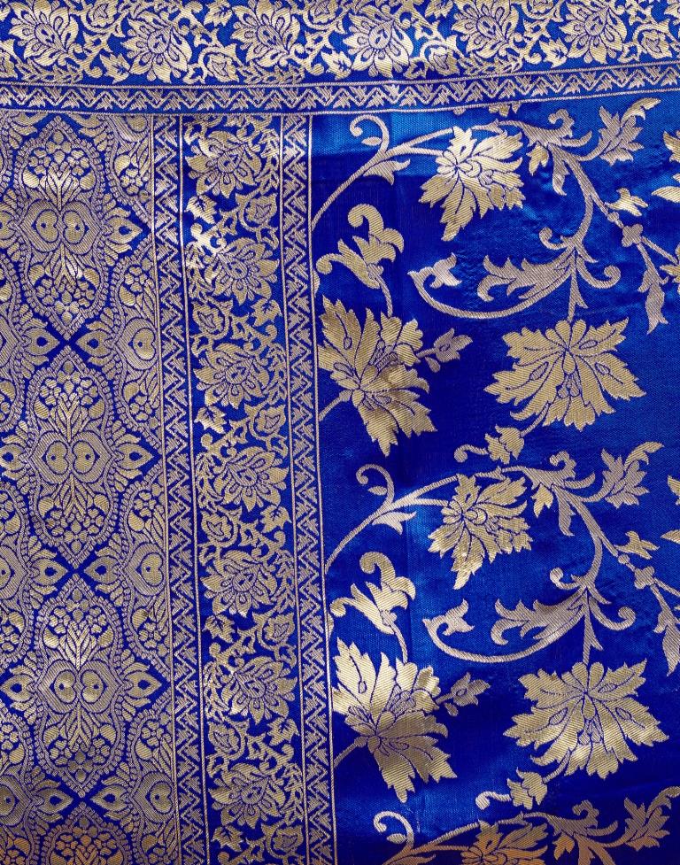 Royal Blue Jacquard Saree for Women with Golden Floral Zari Weaving | Premium Wedding, Festive & Party Wear Saree with Unstitched Blouse Piece