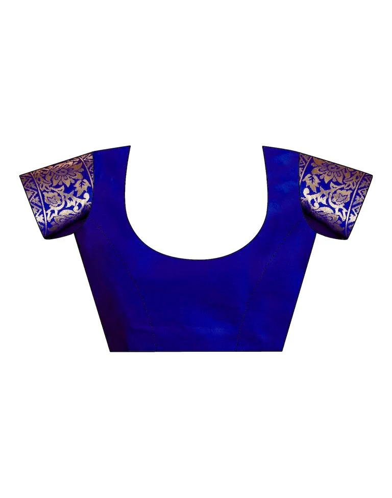 Royal Blue Jacquard Saree for Women with Golden Floral Zari Weaving | Premium Wedding, Festive & Party Wear Saree with Unstitched Blouse Piece