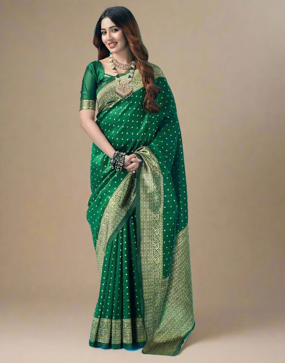 Bottle Green Jacquard Saree for Women with Golden Zari Weaving | Premium Wedding, Festive & Party Wear Saree with Unstitched Blouse Piece