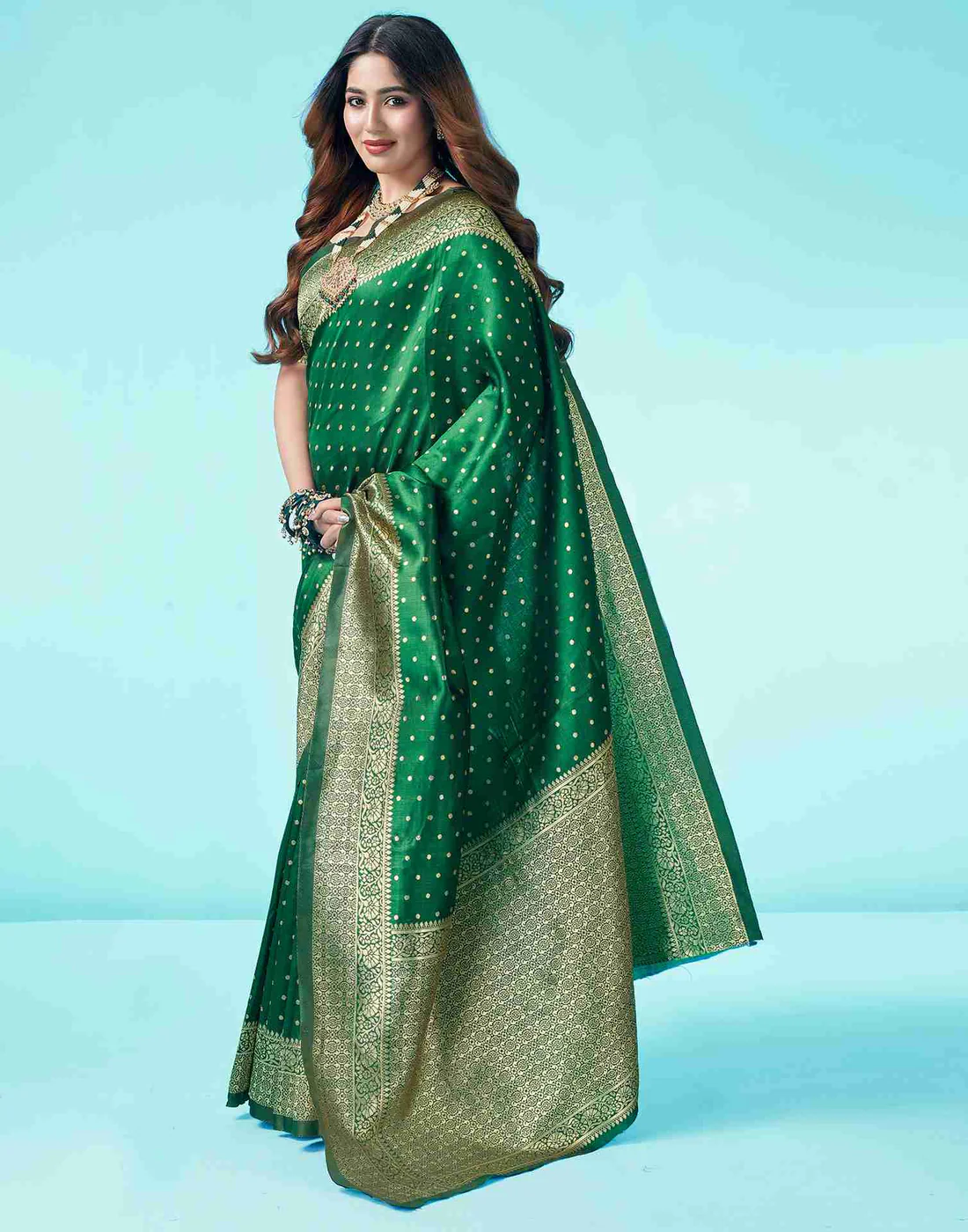 Bottle Green Jacquard Saree for Women with Golden Zari Weaving | Premium Wedding, Festive & Party Wear Saree with Unstitched Blouse Piece