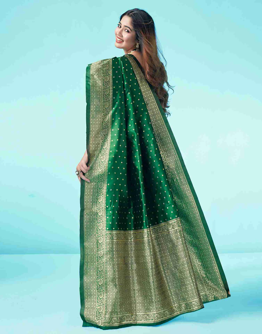Bottle Green Jacquard Saree for Women with Golden Zari Weaving | Premium Wedding, Festive & Party Wear Saree with Unstitched Blouse Piece