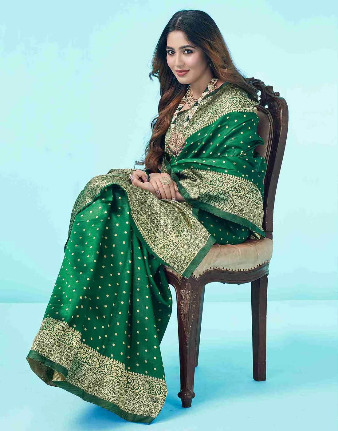 Bottle Green Jacquard Saree for Women with Golden Zari Weaving | Premium Wedding, Festive & Party Wear Saree with Unstitched Blouse Piece