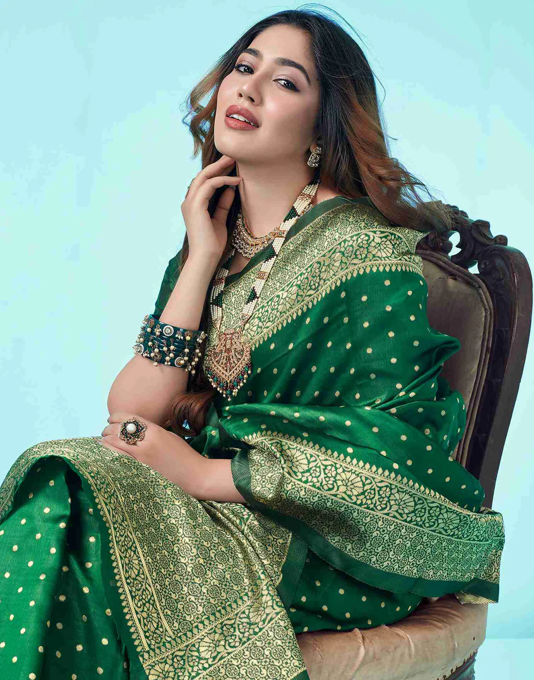 Bottle Green Jacquard Saree for Women with Golden Zari Weaving | Premium Wedding, Festive & Party Wear Saree with Unstitched Blouse Piece