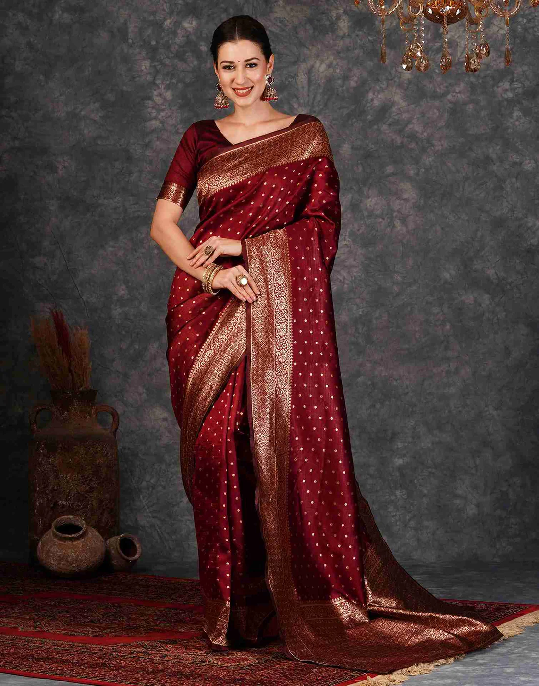 Maroon Jacquard Saree for Women with Golden Zari Weaving | Premium Wedding, Festive & Party Wear Saree with Unstitched Blouse Piece