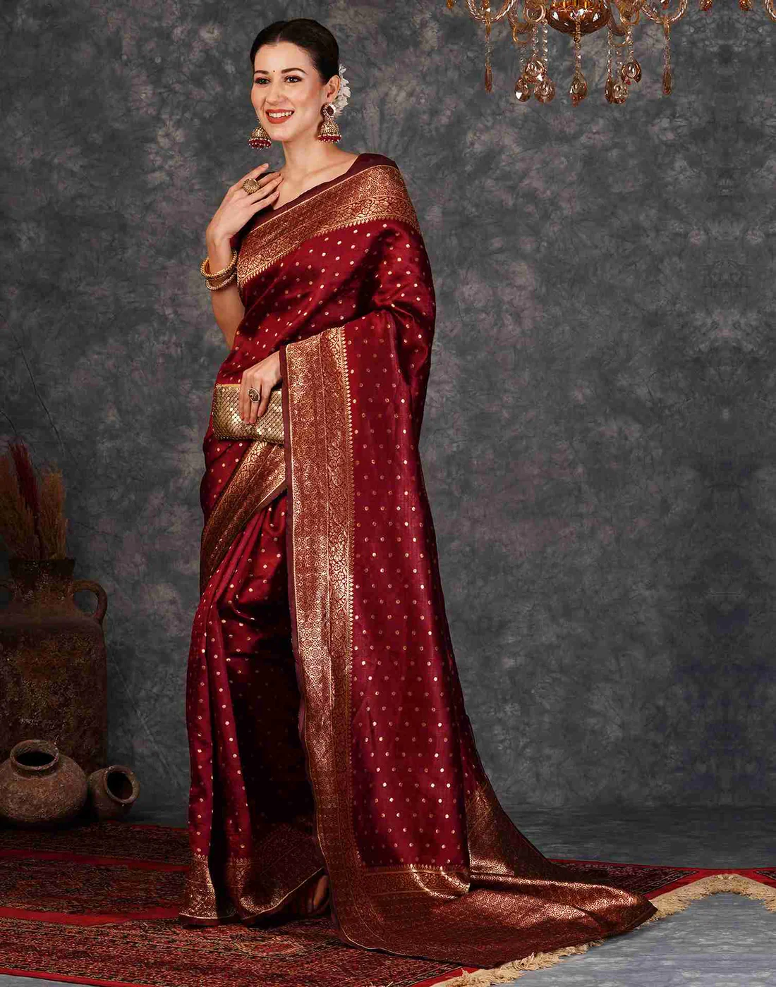 Maroon Jacquard Saree for Women with Golden Zari Weaving | Premium Wedding, Festive & Party Wear Saree with Unstitched Blouse Piece