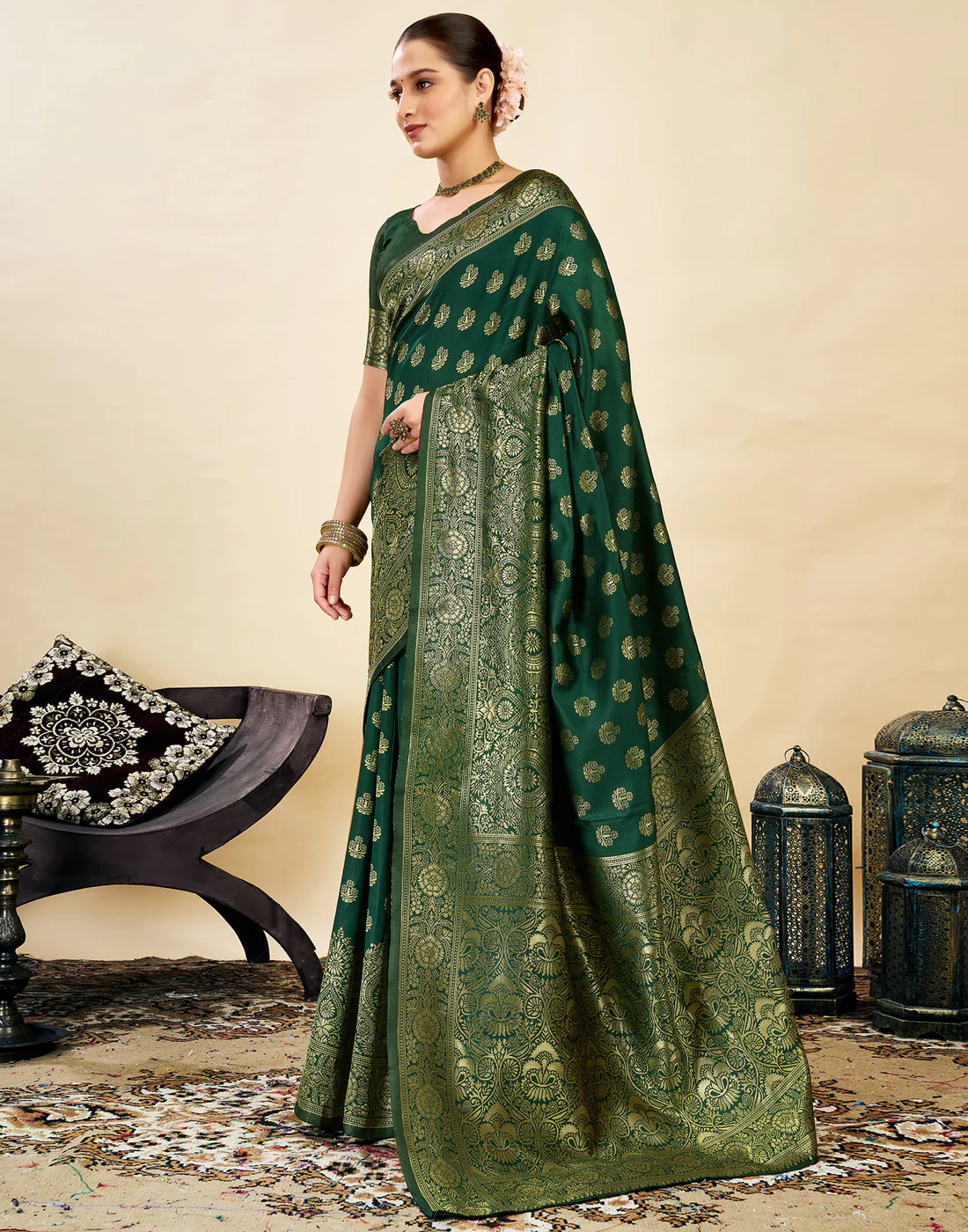 AXONIT Jacquard Saree for Women | Green Jacquard Weave with Golden Zari | Design A234 | Soft Elegant Saree