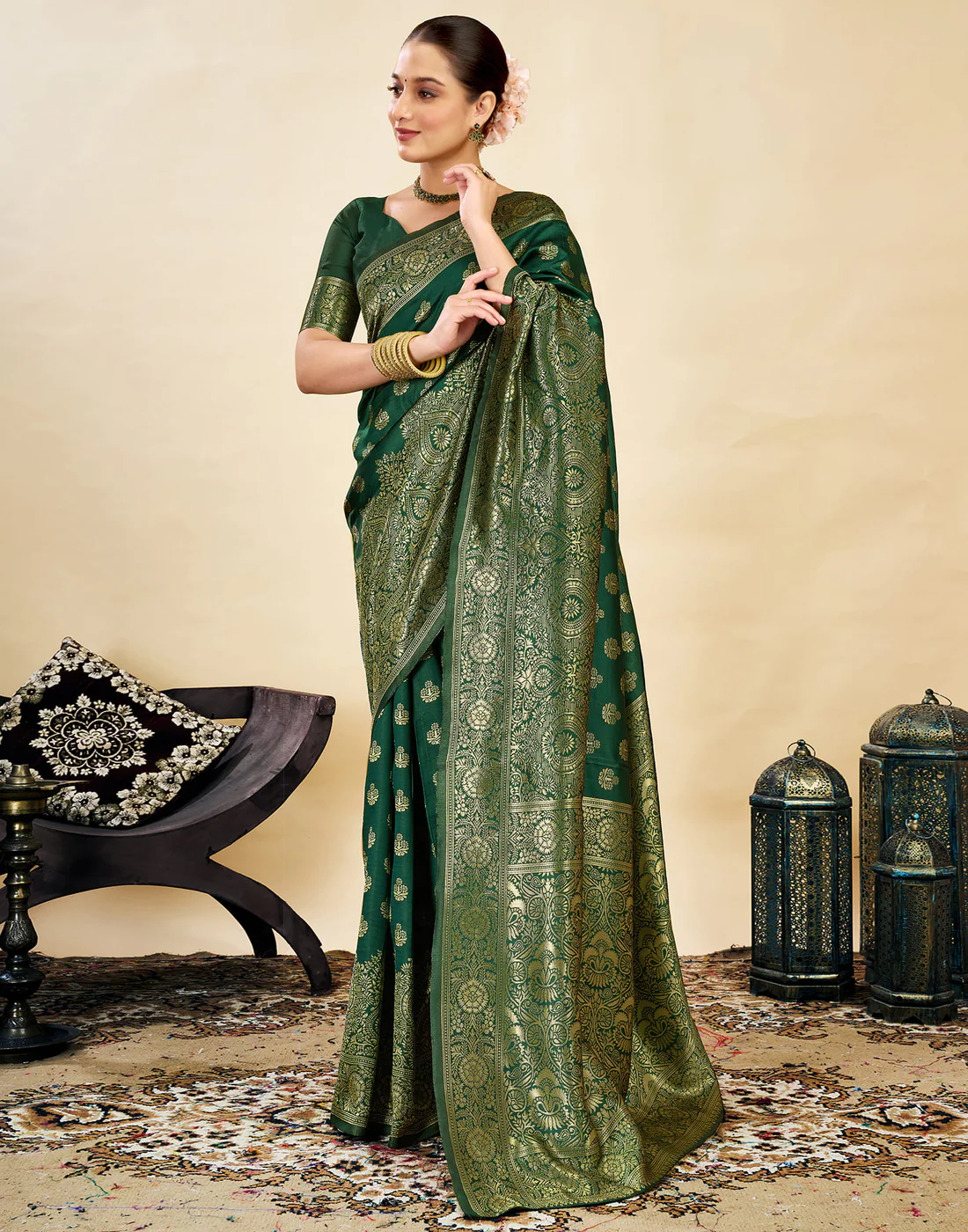 AXONIT Jacquard Saree for Women | Green Jacquard Weave with Golden Zari | Design A234 | Soft Elegant Saree