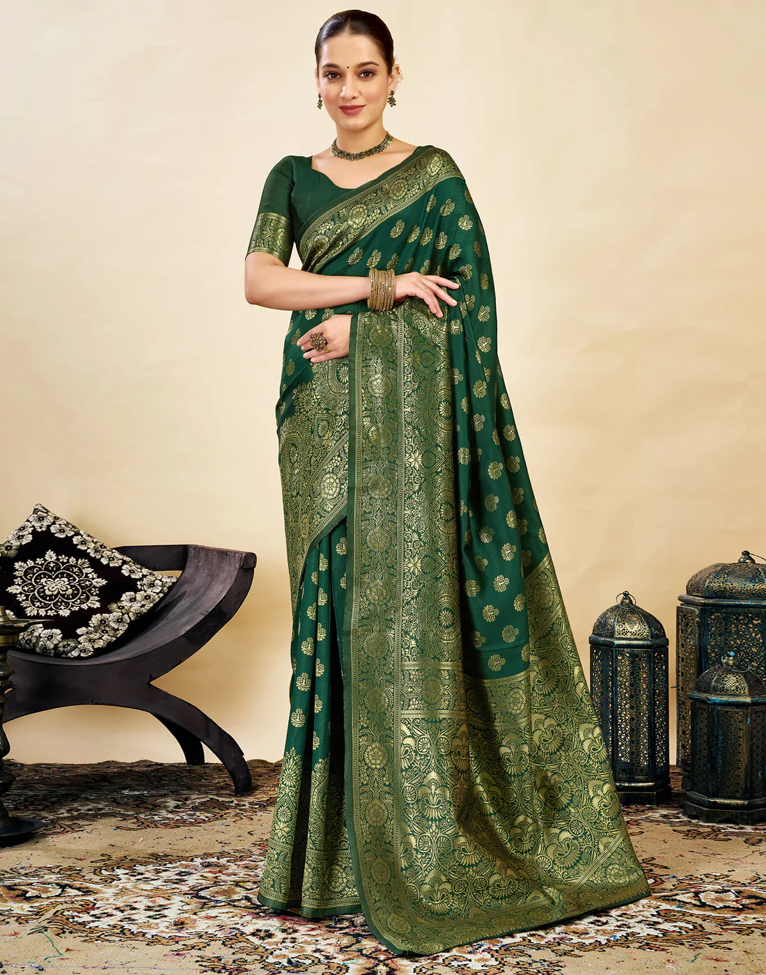 AXONIT Jacquard Saree for Women | Green Jacquard Weave with Golden Zari | Design A234 | Soft Elegant Saree