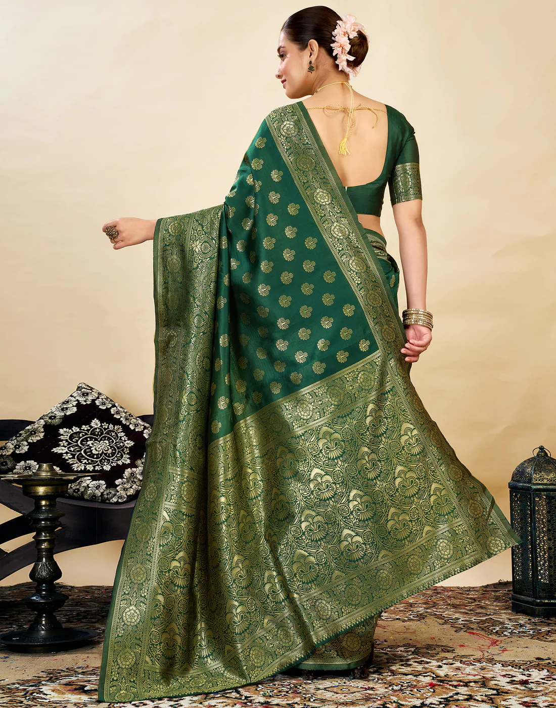 AXONIT Jacquard Saree for Women | Green Jacquard Weave with Golden Zari | Design A234 | Soft Elegant Saree