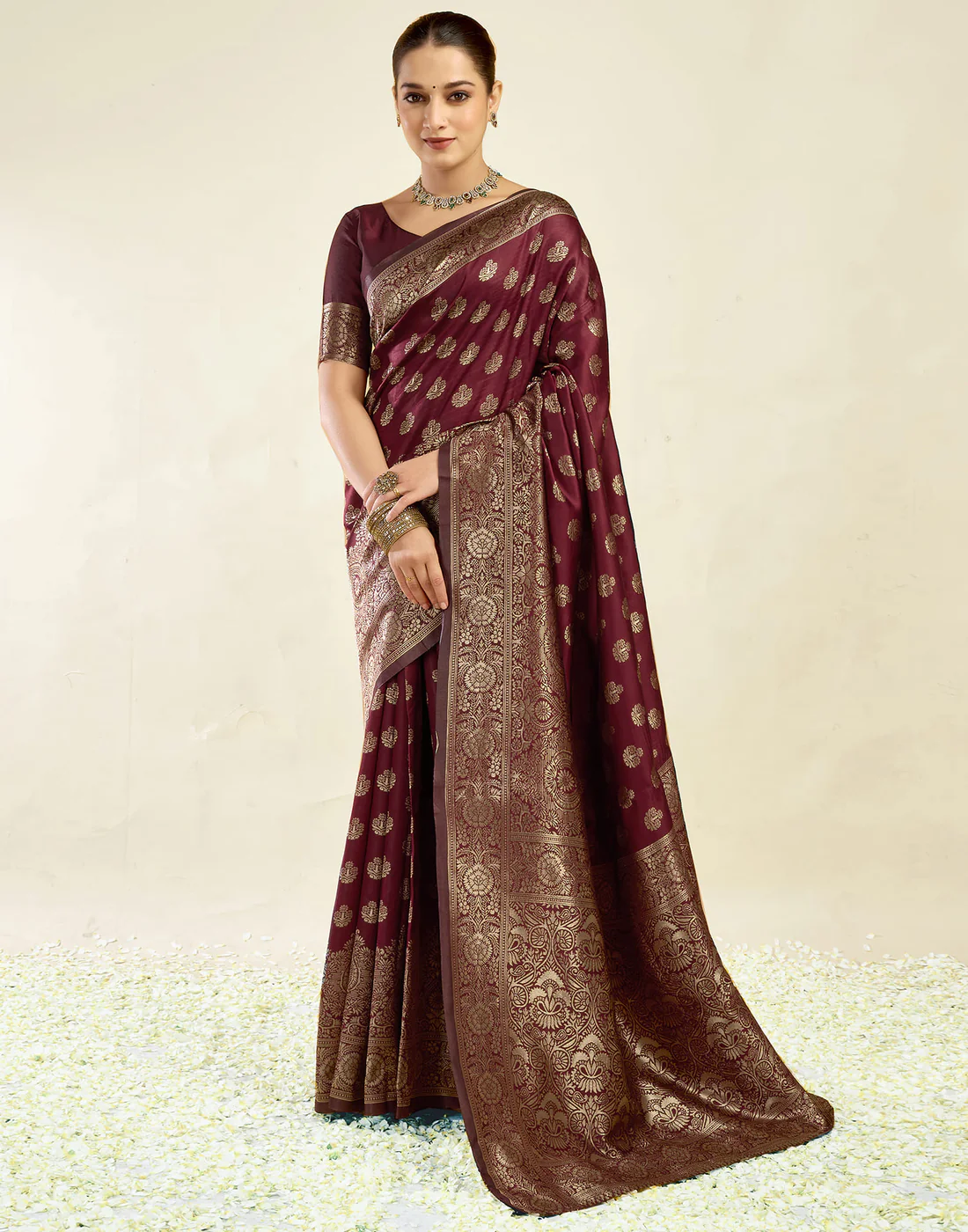AXONIT Jacquard Saree for Women | Royal Maroon Jacquard Weave with Golden Zari | Design A234 | Soft Elegant Saree