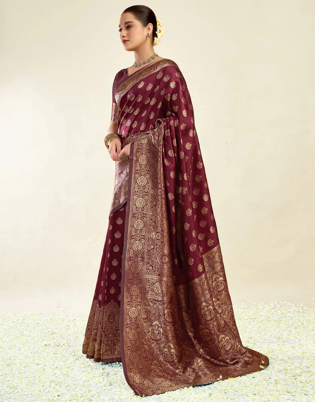 AXONIT Jacquard Saree for Women | Royal Maroon Jacquard Weave with Golden Zari | Design A234 | Soft Elegant Saree