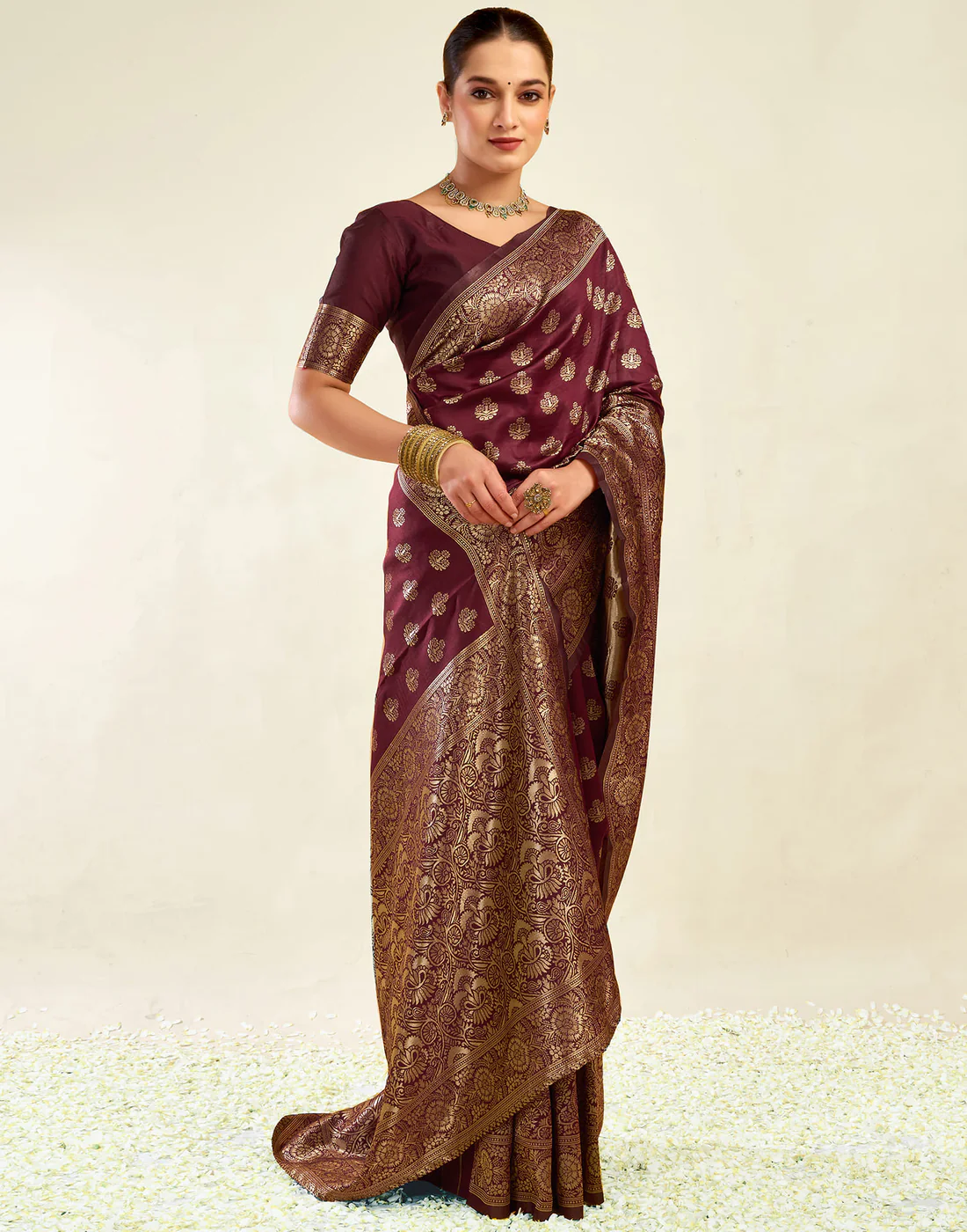 AXONIT Jacquard Saree for Women | Royal Maroon Jacquard Weave with Golden Zari | Design A234 | Soft Elegant Saree