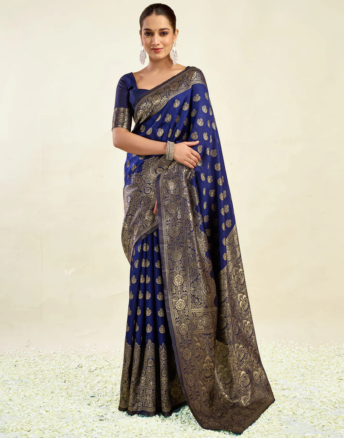 AXONIT Jacquard Saree for Women | Navy Blue Jacquard Saree with Golden Zari Work | Design A234 | Soft Elegant Saree