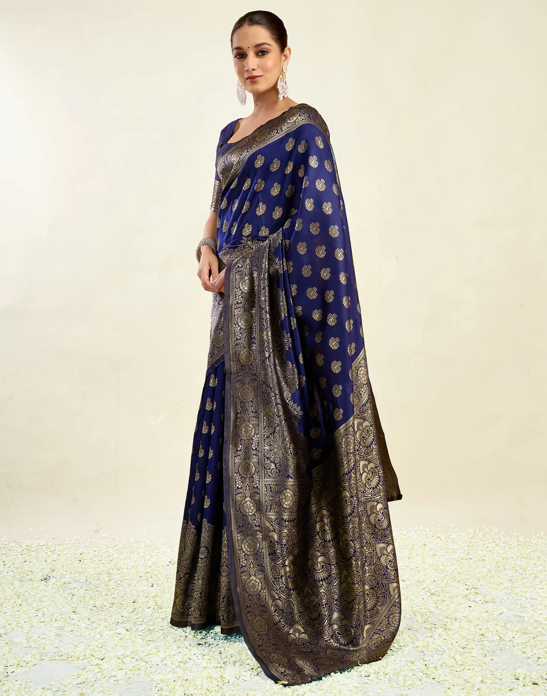 AXONIT Jacquard Saree for Women | Navy Blue Jacquard Saree with Golden Zari Work | Design A234 | Soft Elegant Saree