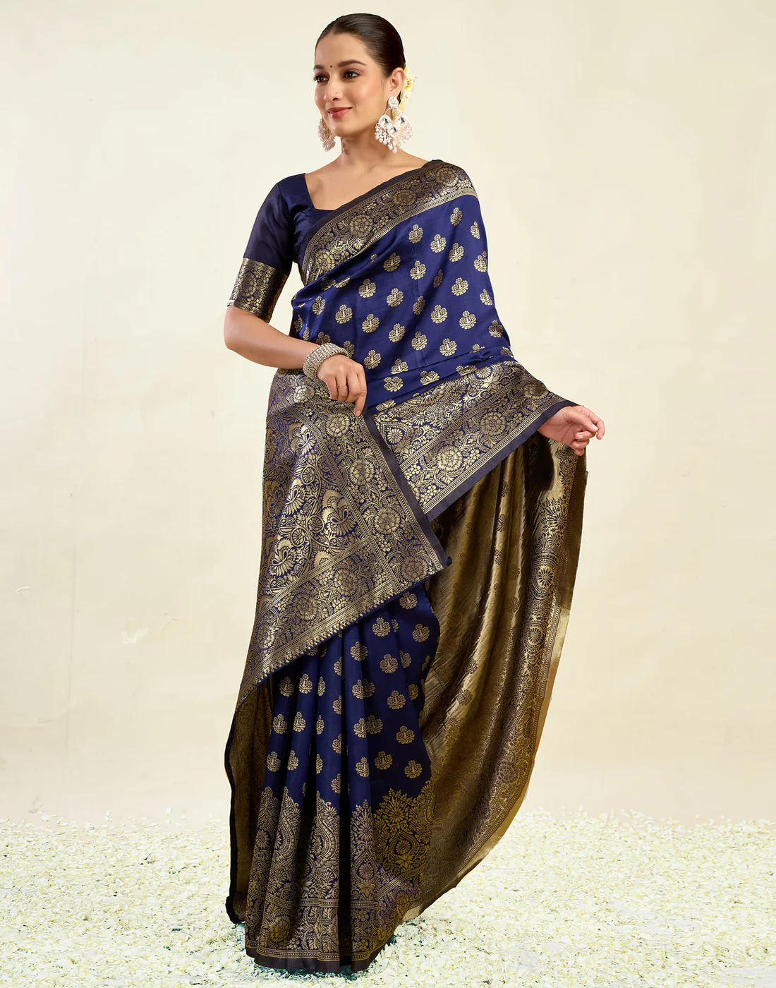 AXONIT Jacquard Saree for Women | Navy Blue Jacquard Saree with Golden Zari Work | Design A234 | Soft Elegant Saree