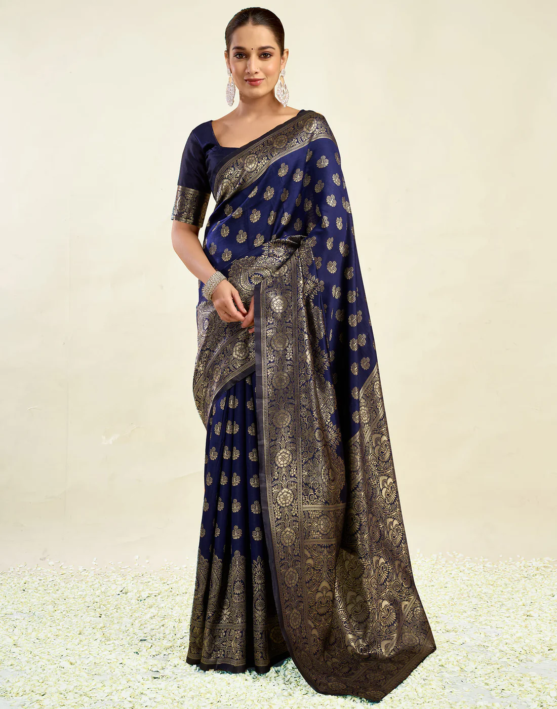 AXONIT Jacquard Saree for Women | Navy Blue Jacquard Saree with Golden Zari Work | Design A234 | Soft Elegant Saree