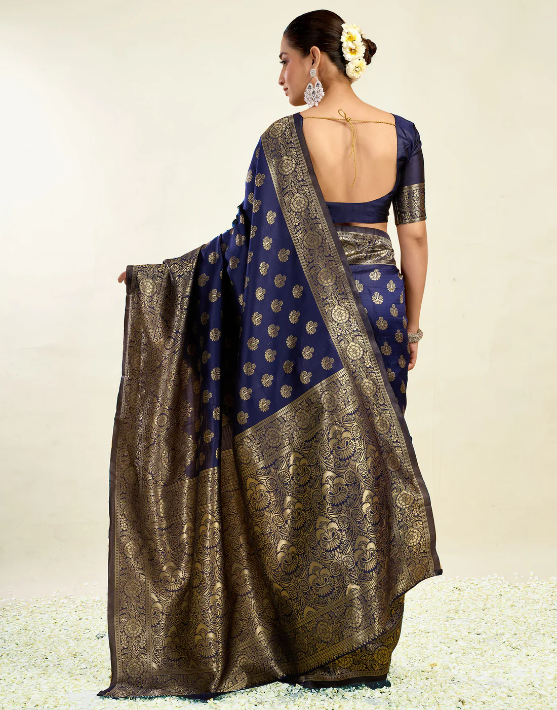AXONIT Jacquard Saree for Women | Navy Blue Jacquard Saree with Golden Zari Work | Design A234 | Soft Elegant Saree