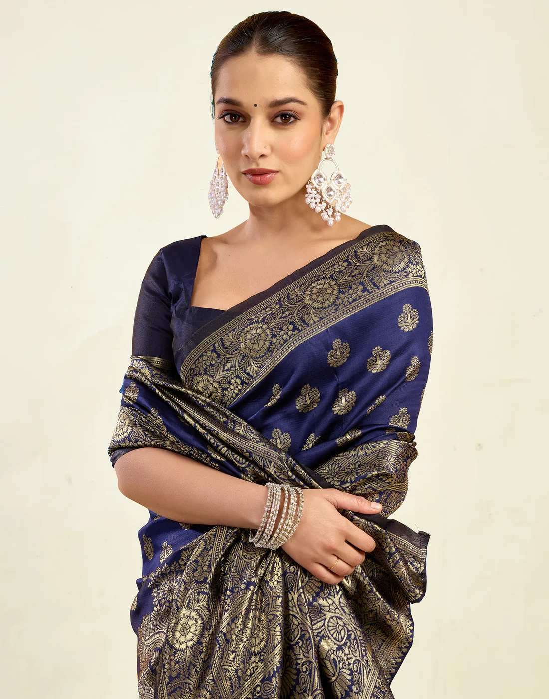 AXONIT Jacquard Saree for Women | Navy Blue Jacquard Saree with Golden Zari Work | Design A234 | Soft Elegant Saree
