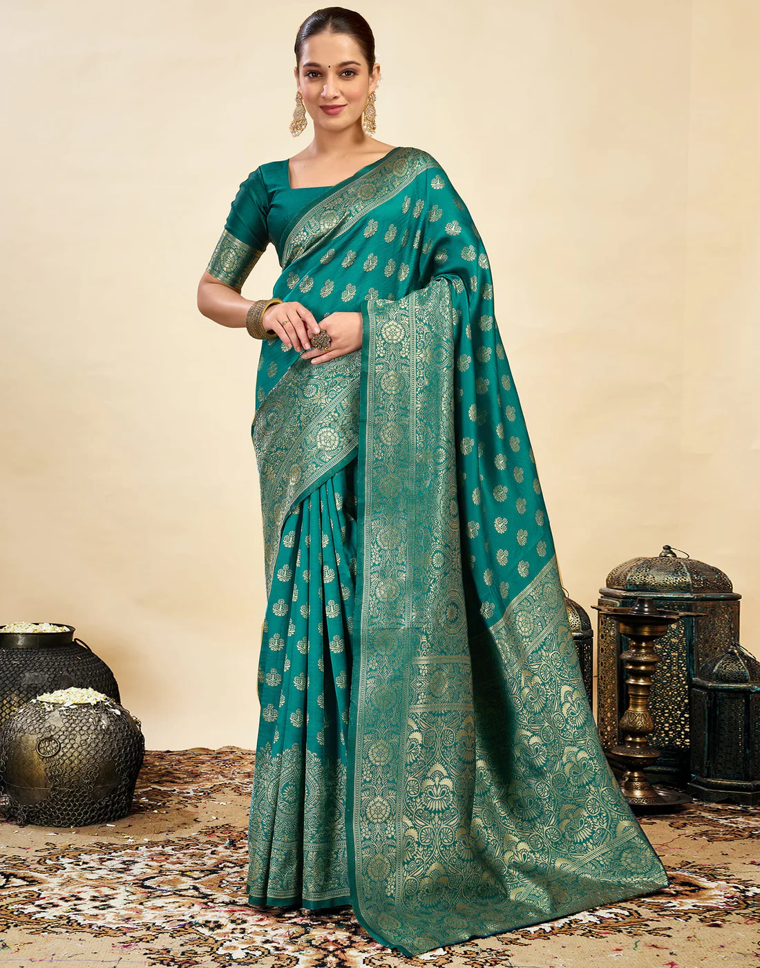 AXONIT Jacquard Saree for Women | Rama Green Jacquard Saree with Golden Zari Work | Design A234 | Soft Elegant Saree